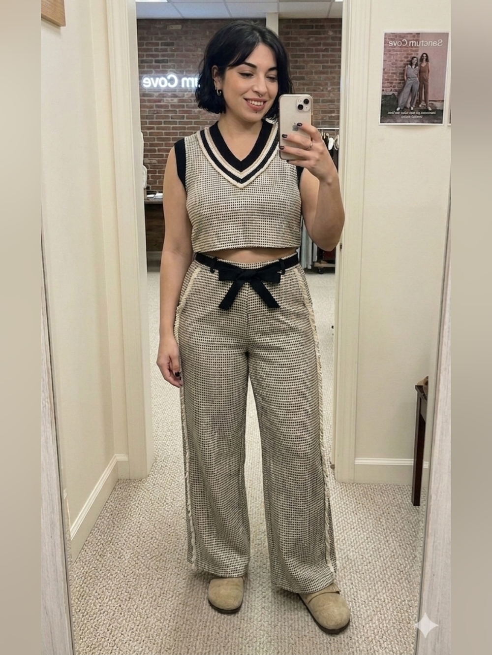 NEW POL 100% Cotton Woven Cream Black Gold Thread Lace Trim Crop Top & Pants Set